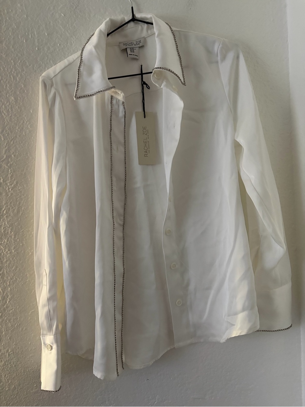 Rachel Zoe Women's White Button-Up Shirt satin with diamonds